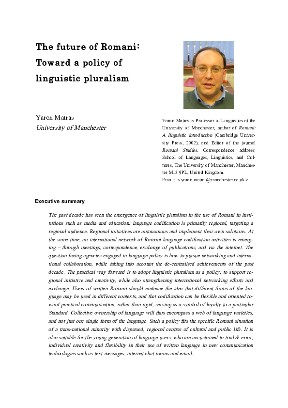 (PDF) Matras, Yaron. 2005. The future of Romani Toward a policy of