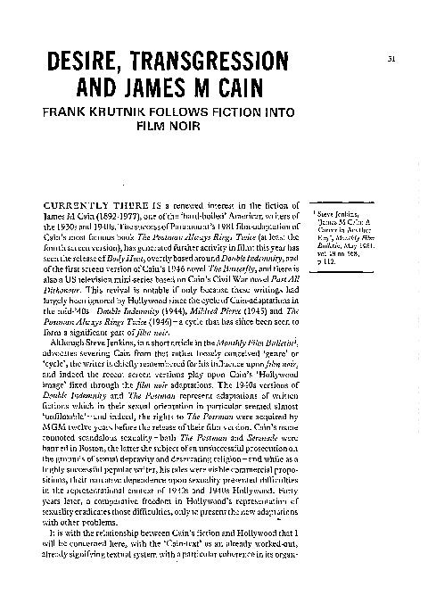 Pdf Desire Transgression And James M Cain Frank Krutnik Academia Edu