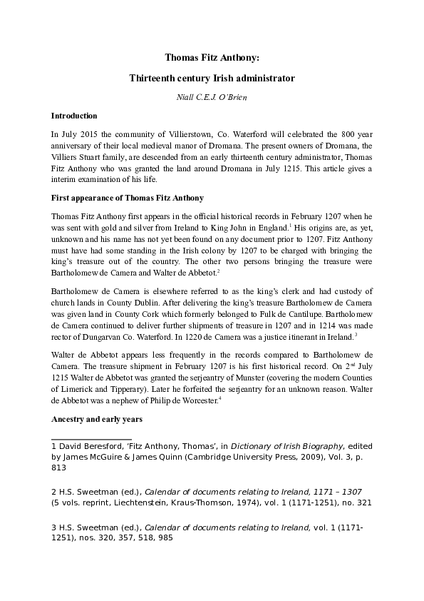 Thomas Fitz Anthony: Thirteenth century Irish administrator