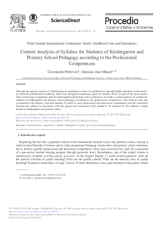(PDF) Content Analysis of Syllabus for Students of Kindergarten and ...