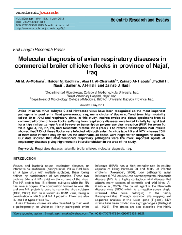 (PDF) Molecular diagnosis of avian respiratory diseases in commercial broiler chicken flocks in