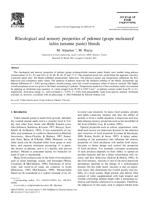 (PDF) Rheological and sensory properties of pekmez (grape molasses