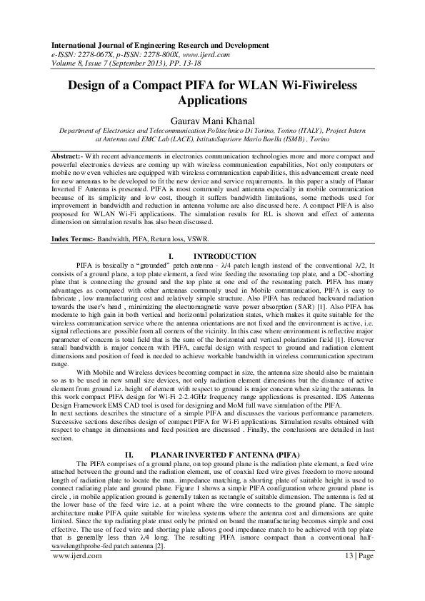 (PDF) Design of a Compact PIFA for WLAN Wi-Fiwireless Applications