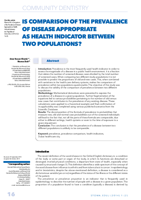 Is comparison of the prevalence of disease appropriate as health