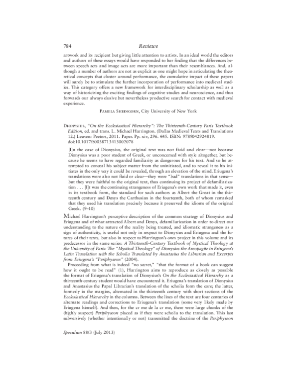 “On the Ecclesiastical Hierarchy”: The Thirteenth-Century Paris Textbook Edition, ed. and trans. L. Michael Harrington. (Dallas Medieval Texts and Translations 12.) Leuven: Peeters, 2011. Paper. Pp. xiv, 296. €45. ISBN: 9789042924819
