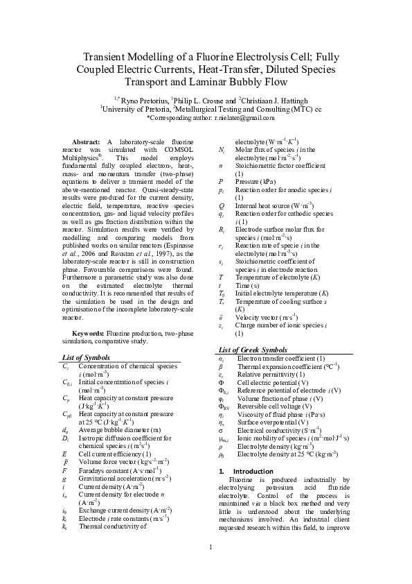 (PDF) Transient Modelling of a Fluorine Electrolysis Cell; Fully ...