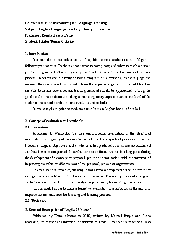 (DOC) A Critical Evaluation of grade 11 English Textbook Helder