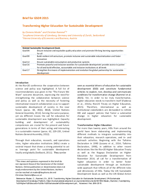 (PDF) Transforming Higher Education for Sustainable Development