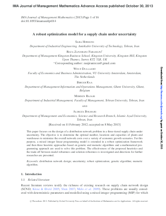 (PDF) A robust optimization model for a supply chain under uncertainty