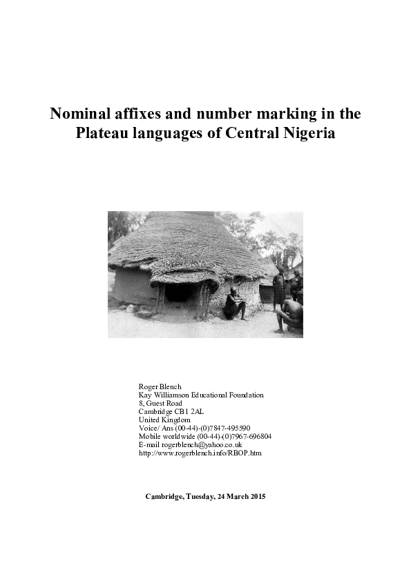 (PDF) Nominal affixes and number marking in the Plateau languages of