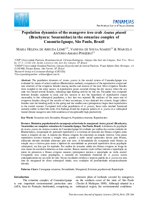 (PDF) Population dynamics of the mangrove tree crab Aratus pisonii ...