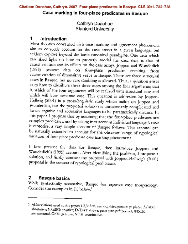 (PDF) Case marking in fourplace predicates in Basque Cathryn Donohue