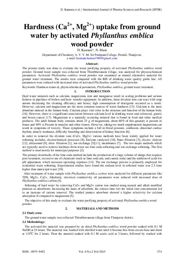 (PDF) Hardness (Ca 2+ , Mg 2+ ) uptake from ground water by activated ...