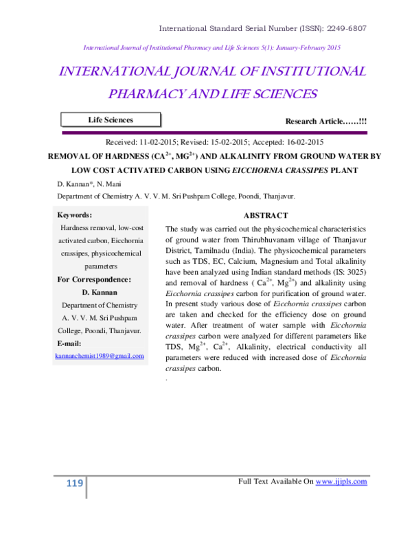 (PDF) REMOVAL OF HARDNESS (CA2+, MG2+) AND ALKALINITY FROM GROUND WATER ...