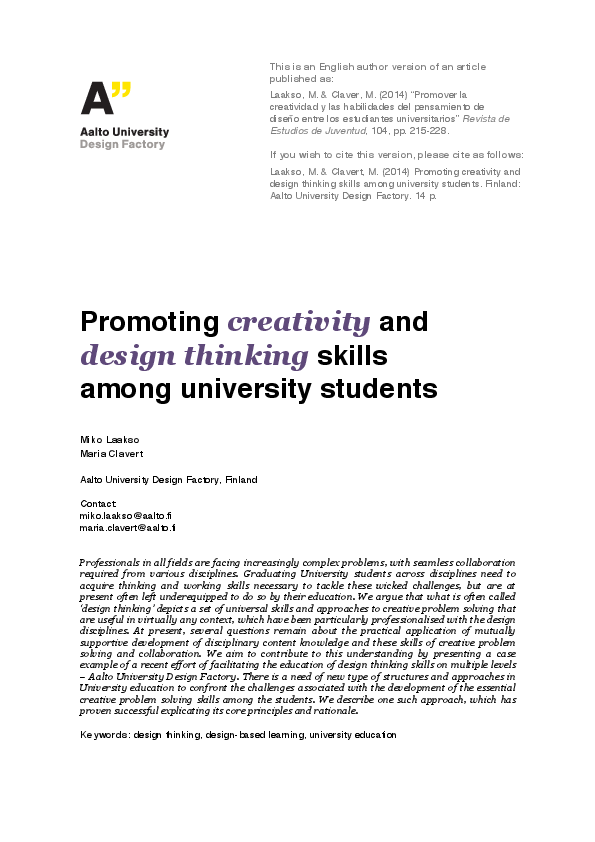 (PDF) Promoting creativity and design thinking skills among University ...