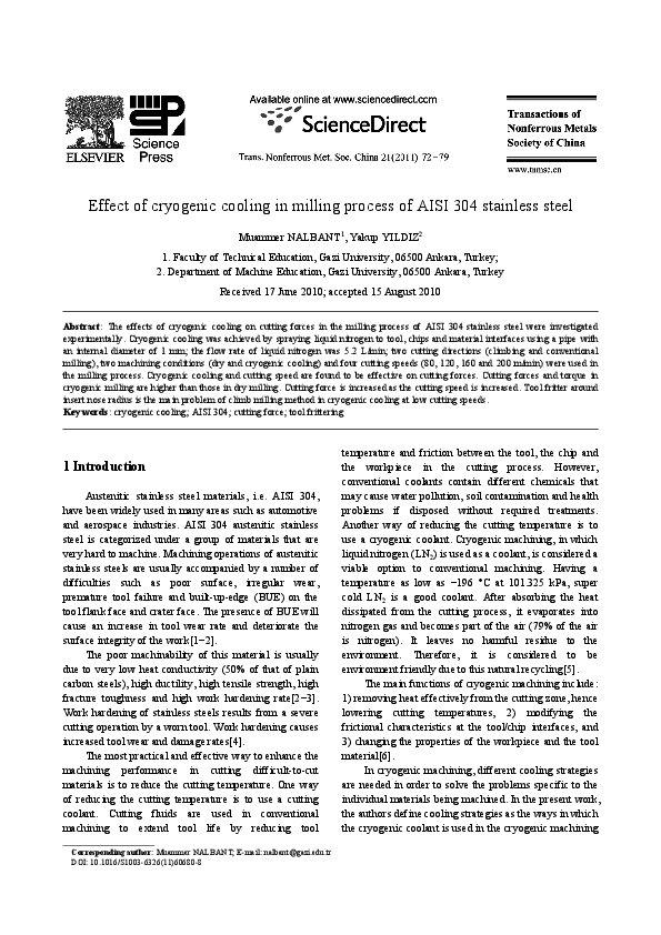 (PDF) Effect of cryogenic cooling in milling process of AISI 304 ...