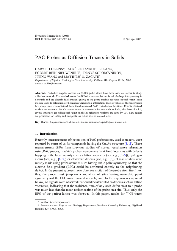 (PDF) PAC probes as diffusion tracers in solids