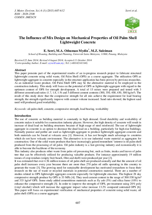 The Influence of Mix Design on Mechanical Properties of Oil Palm Shell ...