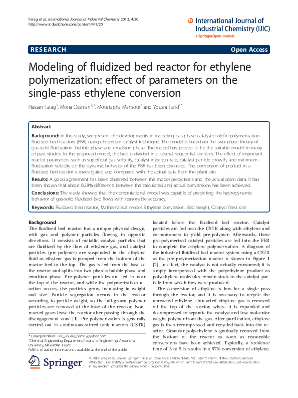 (PDF) Modeling of fluidized bed reactor for ethylene polymerization ...