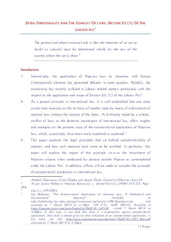 (PDF) The Extra-Territoriality of the Nigerian Labour Act and the ...