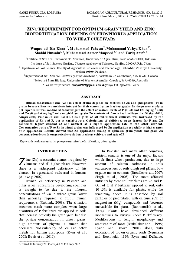 (PDF) ZINC REQUIREMENT FOR OPTIMUM GRAIN YIELD AND ZINC