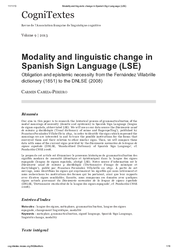 (PDF) Modality and linguistic change in Spanish Sign Language (LSE)