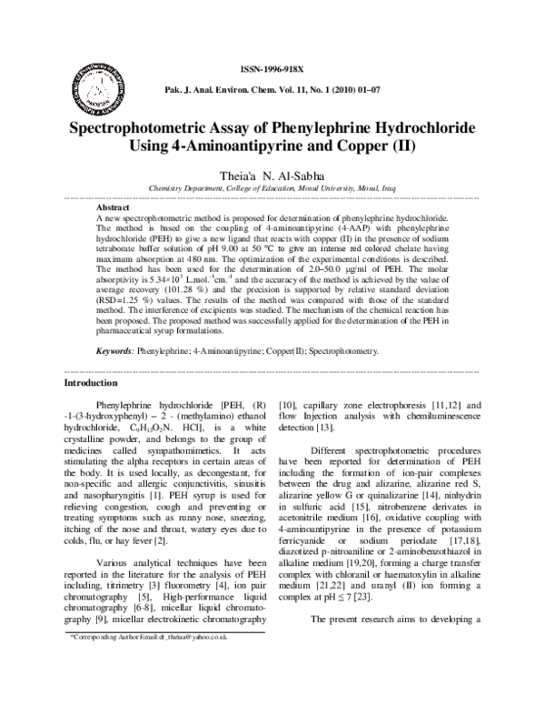 (PDF) Spectrophotometric Assay of Phenylephrine Hydrochloride Using 4 ...