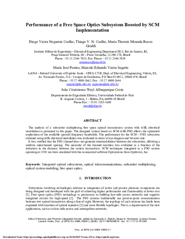 (PDF) Performance of a Free Space Optics Subsystem Boosted by SCM ...