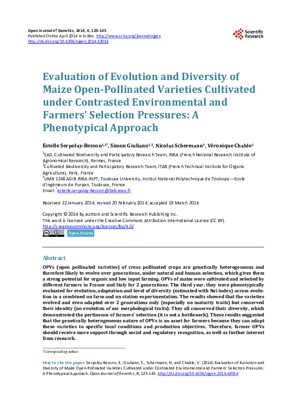 (PDF) Evaluation of Evolution and Diversity of Maize OpenPollinated