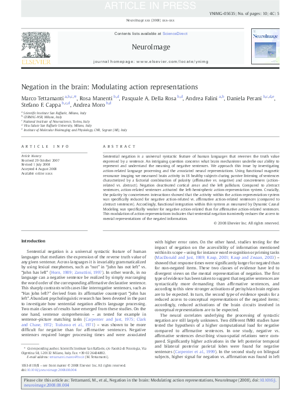(PDF) Negation in the brain: Modulating action representations