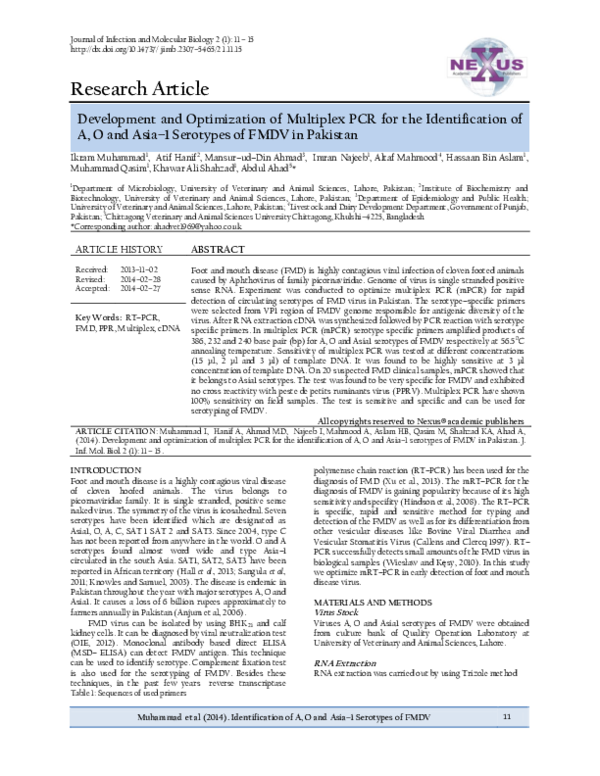 (PDF) Development and Optimization of Multiplex PCR for the ...
