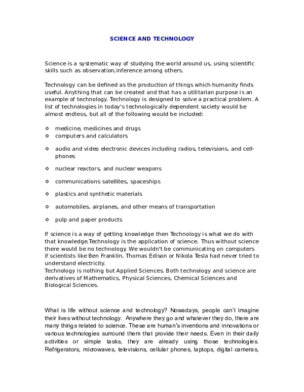 (DOC) SCIENCE AND TECHNOLOGY