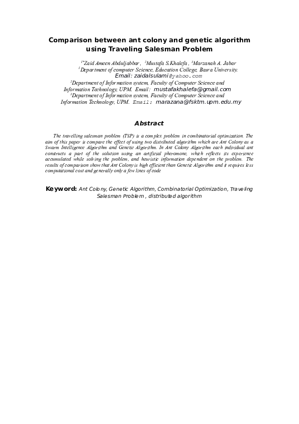 (DOC) Comparison between ant colony and genetic algorithm using ...