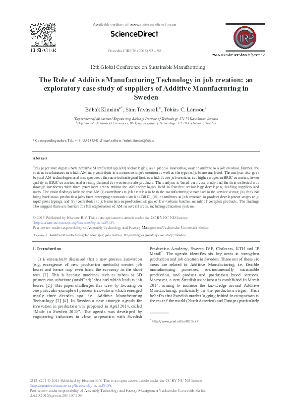 (PDF) The Role of Additive Manufacturing Technology in job creation an