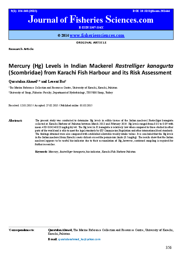 (PDF) Mercury (Hg) Levels in Indian Mackerel Rastrelliger kanagurta