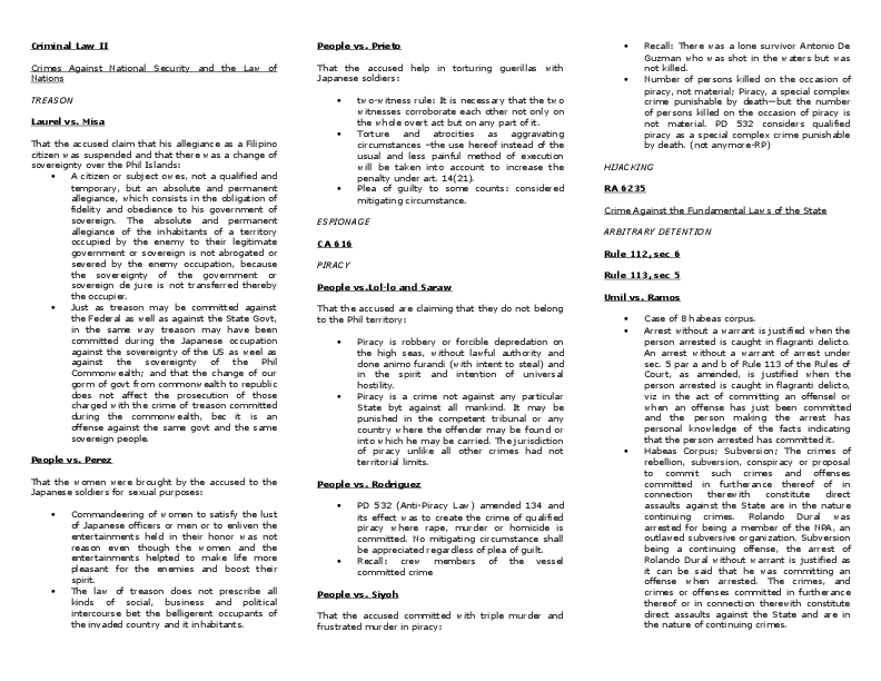 Doc Criminal Law Ii Crimes Against National Security And The Law Of