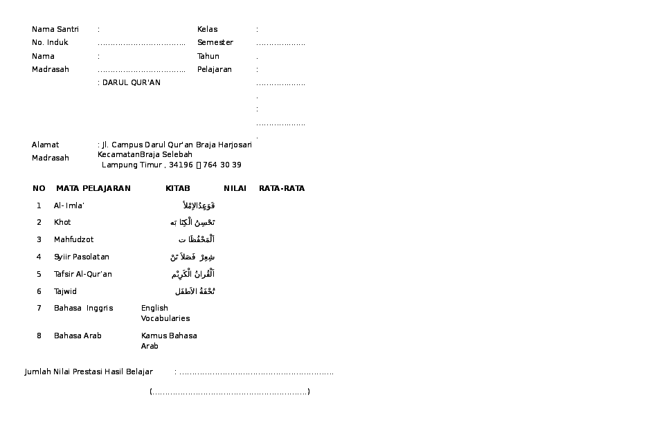 Doc Contoh Rapot Diniyah Syaiful Islami Academia Edu