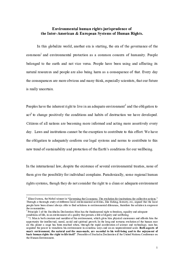 First page of “Environmental Human Rights Jurisprudence at the Inter-American & European Systems of Human Rights. ”