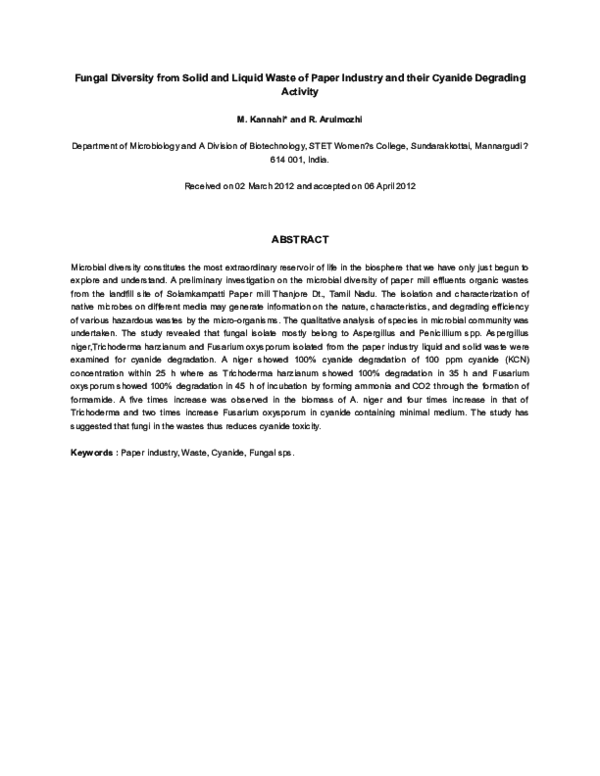 (DOC) Fungal Diversity from Solid and Liquid Waste of Paper Industry ...