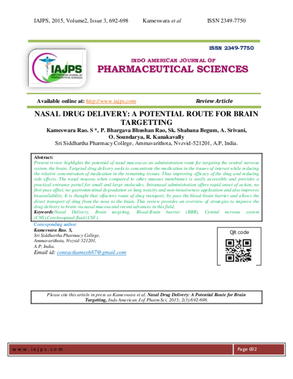 (PDF) NASAL DRUG DELIVERY: A POTENTIAL ROUTE FOR BRAIN TARGETTING ...