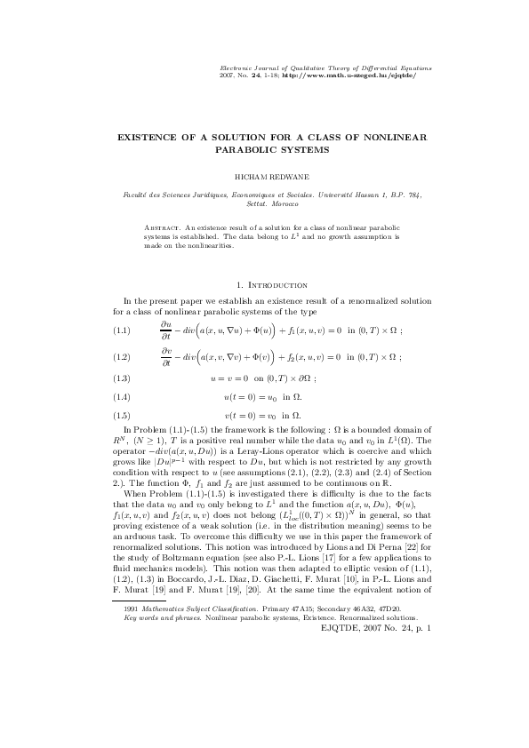 (PDF) EXISTENCE OF A SOLUTION FOR A CLASS OF NONLINEAR PARABOLIC SYSTEMS
