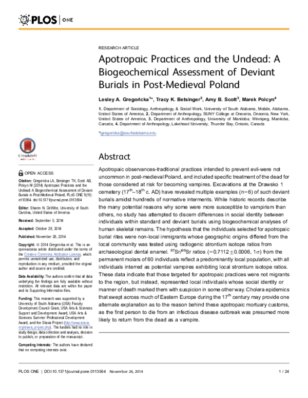 Apotropaic Practices and the Undead: A Biogeochemical Assessment of Deviant Burials in Post-Medieval Poland