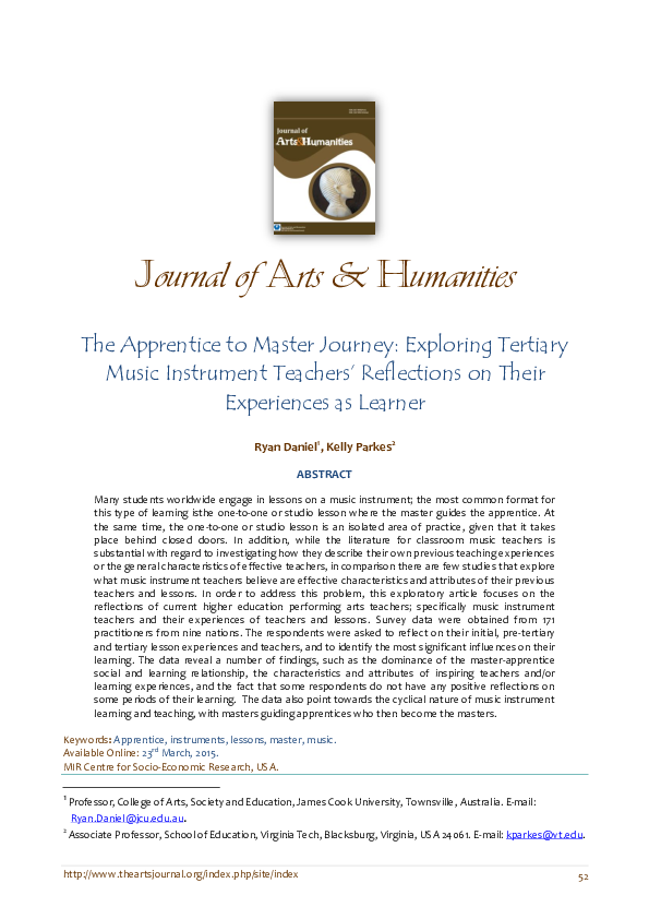 Pdf The Apprentice To Master Journey Exploring Tertiary Music Instrument Teachers Reflections On Their Experiences As Learner Ryan Daniel And Kelly Parkes Academia Edu