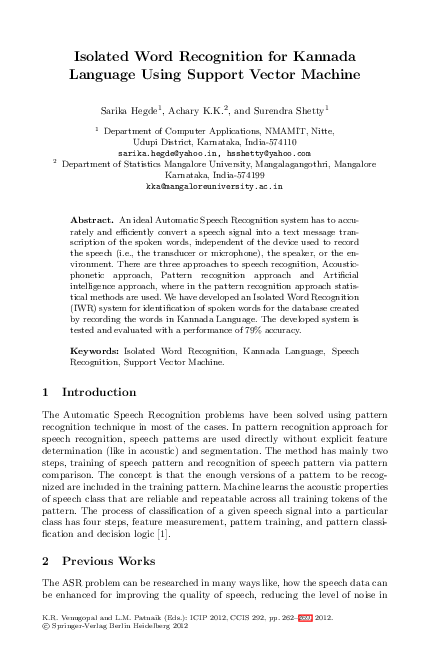 Isolated Word Recognition for Kannada Language Using Support Vector Machine