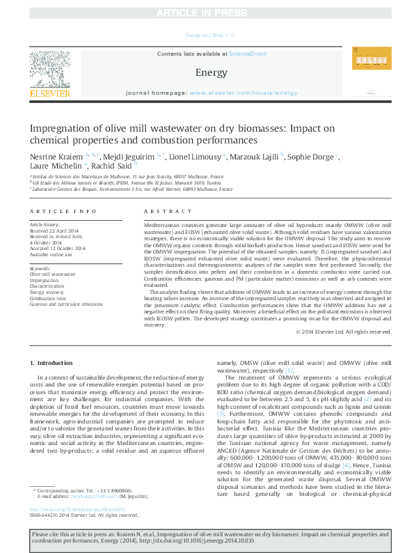 (PDF) Impregnation of olive mill wastewater on dry biomasses: Impact on ...