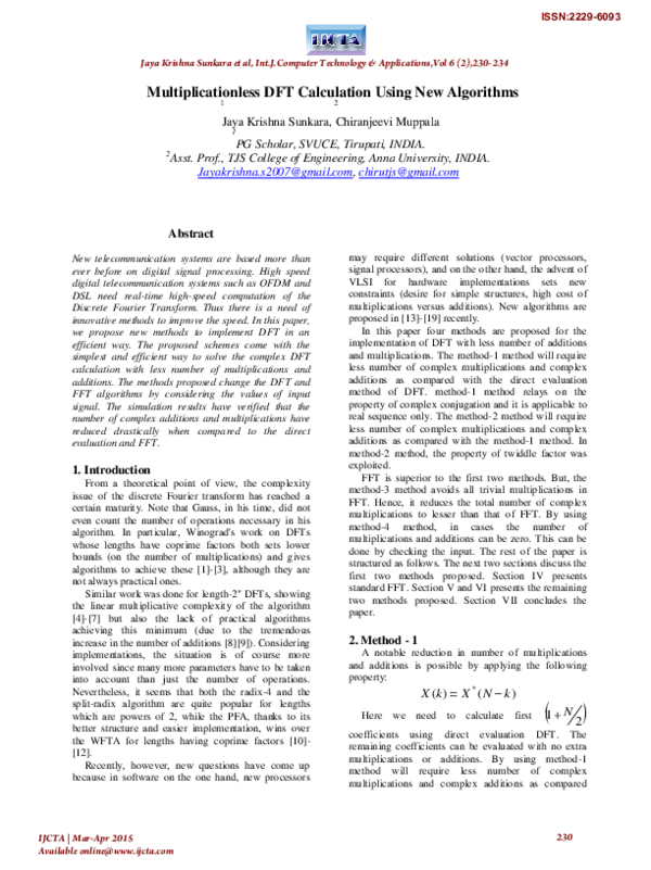 (PDF) Multiplicationless DFT Calculation Using New Algorithms
