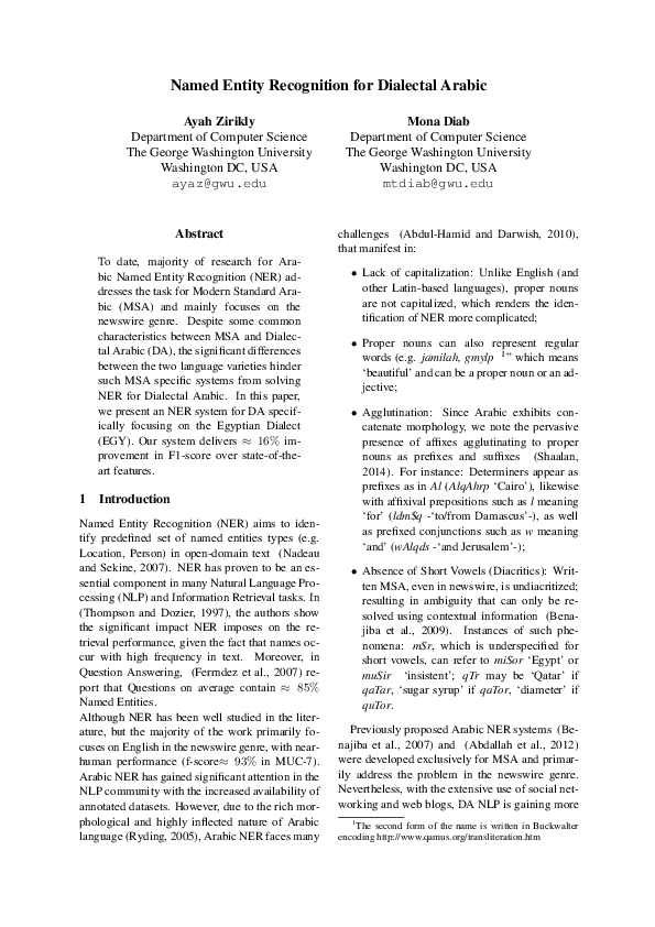 (PDF) Named Entity Recognition for Dialectal Arabic