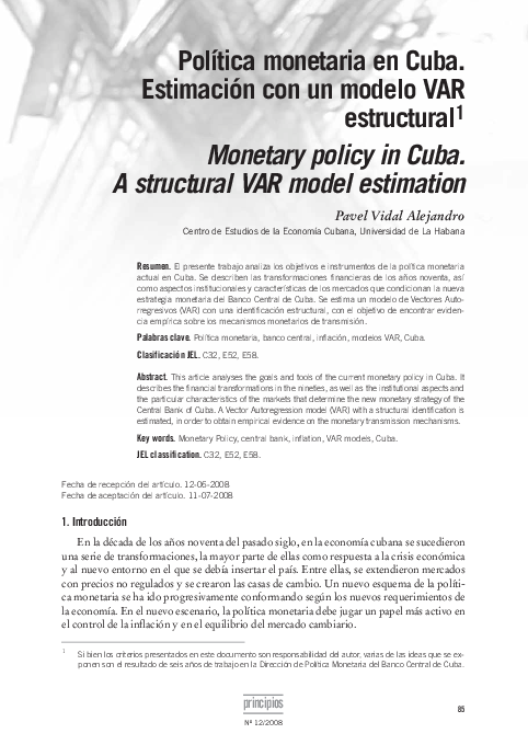 (PDF) Monetary policy in Cuba. A structural VAR model estimation