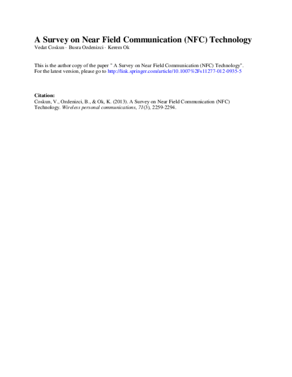 (PDF) A Survey on Near Field Communication (NFC) Technology