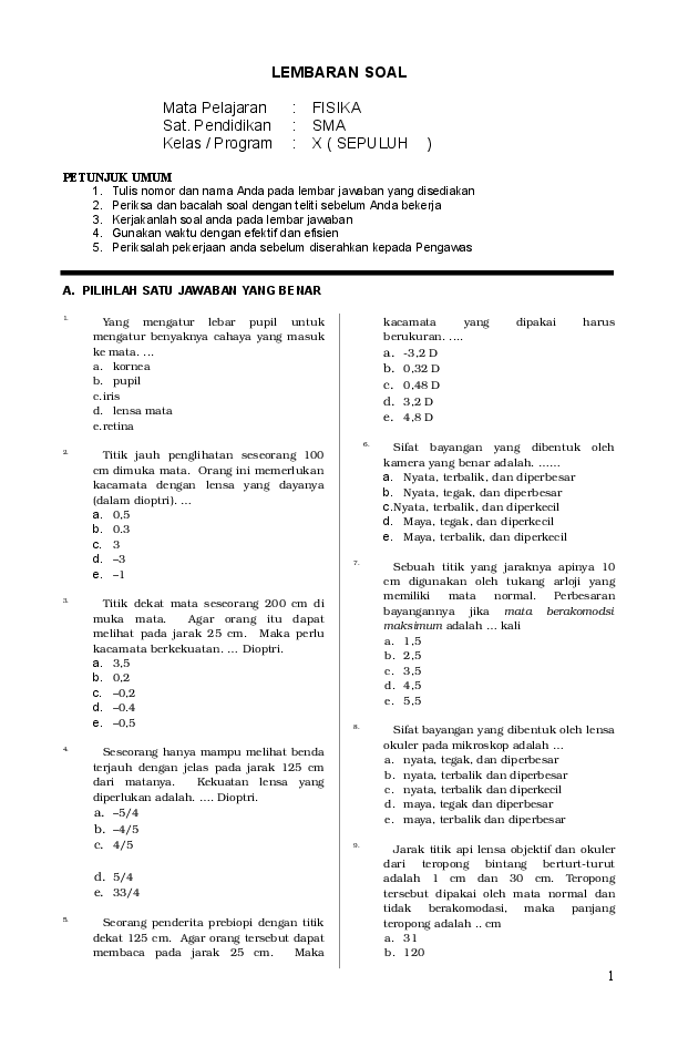 Soal Fisika Kelas 11 Lensa